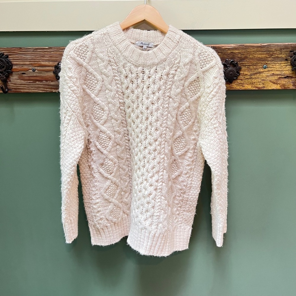 Madewell Womens Cream Cable Knit Wool Blend Crewneck Sweater N0002 Size S